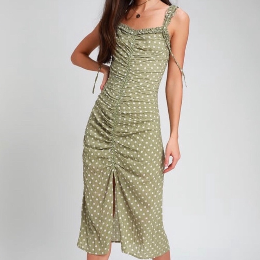Lulu’s scrunched sage green polka dot dress